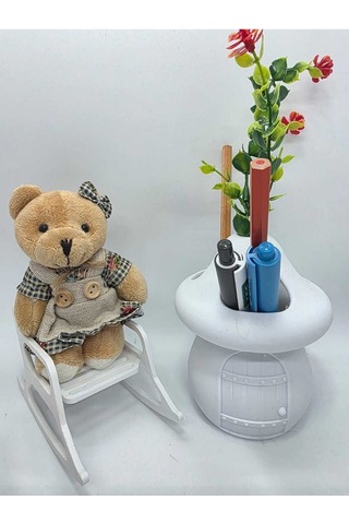 Kalemlik-ayıcık- Beyaz- Sima Mantar Çiçekli Üç Gözlü Kalemlik Düzenleyici Beyaz