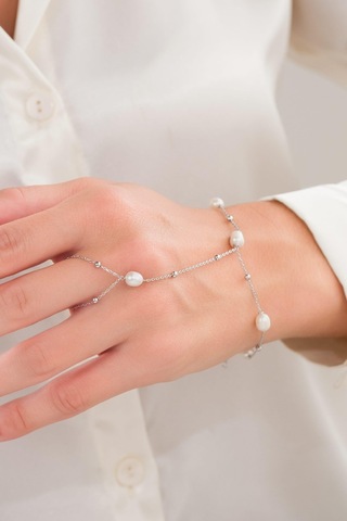 Gümüş İnci Ve Küçük Toplu Pearl Şahmeran El Zinciri Bileklik Gümüş