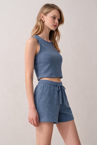 Kadın Bürümcük Basic Askılı Crop Kısa Şort Alt Üst Şortlu Takım Mavi
