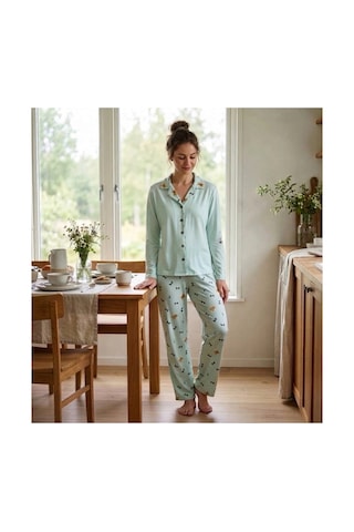 Pijamoni Kadın Premium Milan Kumaş Gömlek Yaka Uzun Kollu Pijama Takımı Su Yeşili Desenli