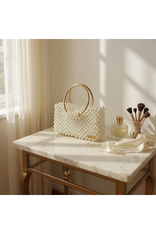 Plentiful İnci Boncuk Çanta, Abiye , Gece , Düğün, Gelin,nişan Çantası Krem