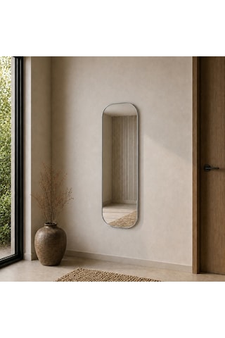 Modern Oval Boy Aynası 40x120 Cm Yuvarlak Hatlı Minimalist Dekoratif Duvar Aynası 2026 Trend Gümüş