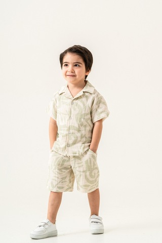 2'li Erkek Çocuk Yeşil Desenli Keten Şortlu Takım-1183 Yeşil