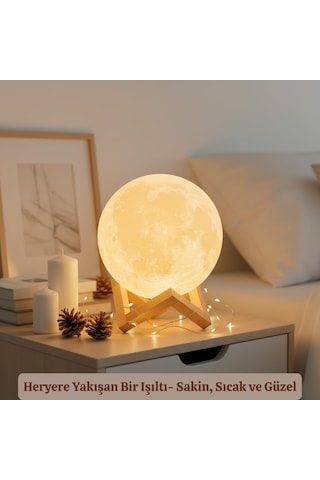 Hpytech Dekoratif Dolunay Gece Lambası + Stand Hediyelik Loş & Sıcak Ay Işığı Beyaz