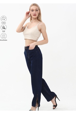 Kene Jeans Lacivert Paça Yan Yırtmaç Boyfriend Bol Paça Pantolon Lacivert