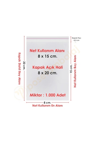 8x15+5 Cm. 8x20 1.000 Adet Şeffaf Bantlı Yapışkanlı Opp Poşet