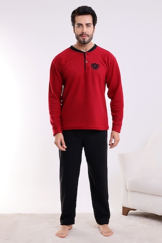 Falkon 7202 Polar Kışlık Erkek Ev Pijama Takımı Uyku Takımı Bordo