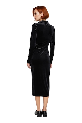 Ersefa Kadın Siyah Kadife Midi Bodycon Elbise Polo Yaka Uzun Kol Büzgü D