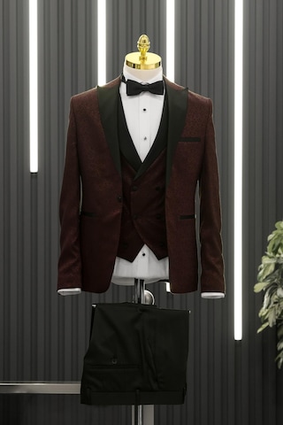 Slimfit Skinny Kesim Şal Desenli Sivri Sabit Yaka Yelekli Papyonlu Smokin Takım Elbise 001