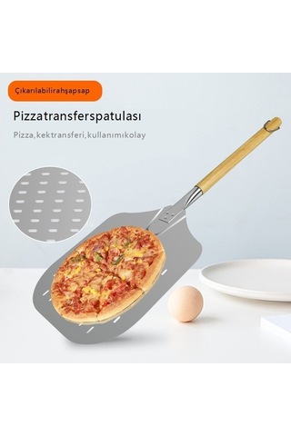 Çıkarılabilir Ahşap Sap Sızıntı Deliği Paslanmaz Çelik Pizza Spatulası Gümüş - Siyah Gümüş - Siyah