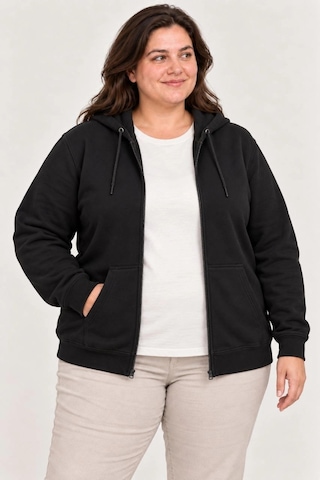 Moda Kadın Battal Büyük Beden Üç İplik İçi Şardonlu Kapüşonlu Tam Fermuarlı Kışlık Sweatshirt - Siyah Çok Renkli
