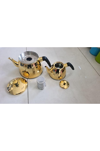 Gold Sarı Çaydanlık Seti 1.0 + 2.5 Litre Betahoff Paslanmaz Çelik İndüksiyon Uyumlu Kapsül Tabanlı Çaydanlık Takımı
