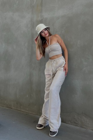Pembe Keten Karışımlı Bol Kesim Pantolon Bej