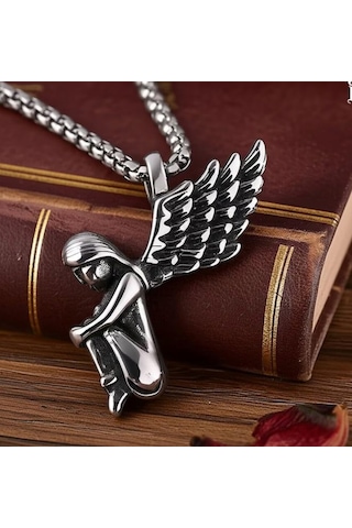 Çiftlere Özel Melek Kanadı & Diz Çöken Melek Kolye Seti Gümüş
