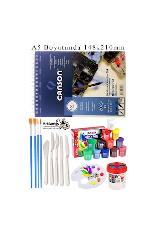 Canson Çok Amaçlı Sanatsal Blok A5 200 Gr 20 Yaprak 1 Adet 6 Renk Guaj Boya Fırça Palet Spatula Fırça Temizleme Kabı