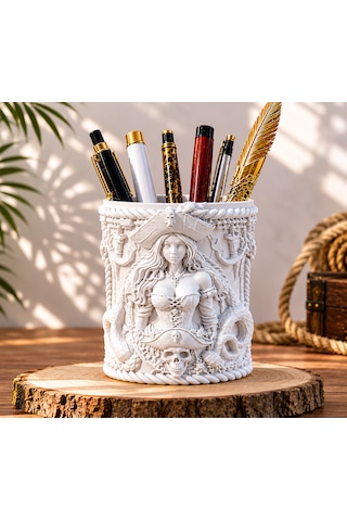 Özel Tasarım Korsan Temalı Dekoratif Kalemlik 8x10 Masaüstü Organizer Premium Kalem Tutucu Beyaz