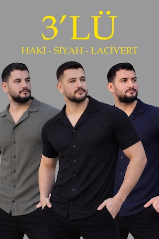 Tarzyeri Erkek Waffle Kumaş Yakalı Kısa Kol Düğmeli Gömlek 3 Lü Set Siyah-haki-lacivert Beyaz