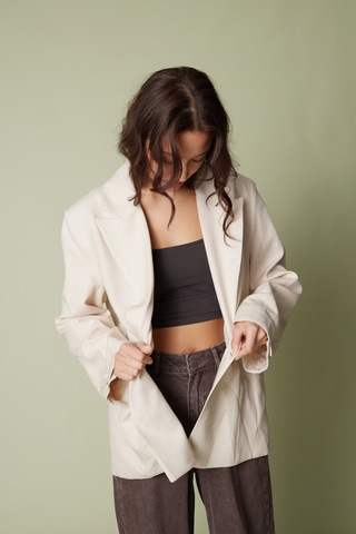 Keten Karışımlı Kuşaklı Blazer Ceket Bej