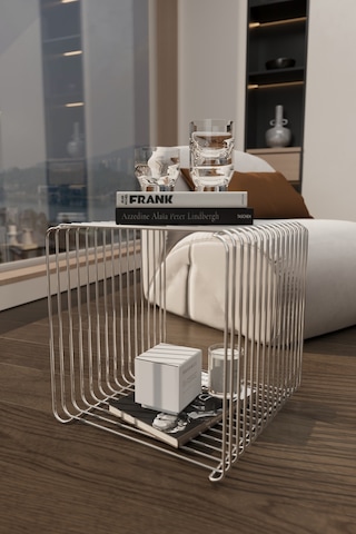Miami Minimalist Metal Tel Yan Sehpa Modern Küp Yan Sehpa & Modüler Kitaplık Gümüş