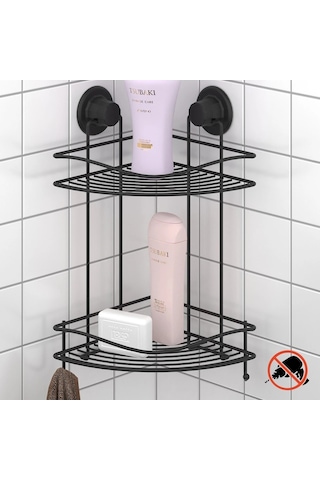 Banyo Köşe Rafı Vakumlu Paslanmaz 2 Katlı Kancalı Siyah Siyah