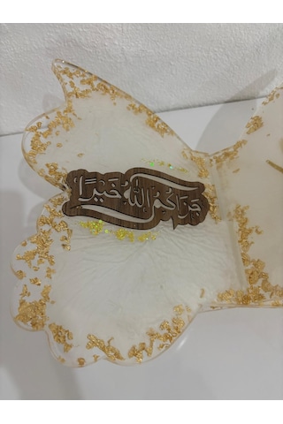 Şeffaf Epoksi Altın Varaklı Bitkili Ve Yazı Motifli Kelebek Rahle Özel Tasarım - Tek Üretim - 35x31 Cm