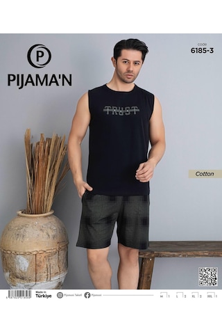 Pijamoni Erkek Bisiklet Yaka Kolsuz Şortlu Pijama Takımı 6185/3 - 1 Adet Siyah