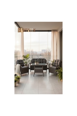 Dora Garden Home Inci 2+1+1 Rattan Bahçe Takımı Masalı Antrasit Siyahçizgili