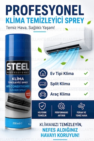 Steel Professional Klima Temizleyici Sprey 200 Ml Köpüklü Klima Temizlik Spreyi Ev, Araç Ve Spli
