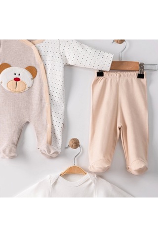 3 Ay Ayıcık Nakışlı Tulumlu Erkek Bebek 5'li Set Kahverengi Kahverengi