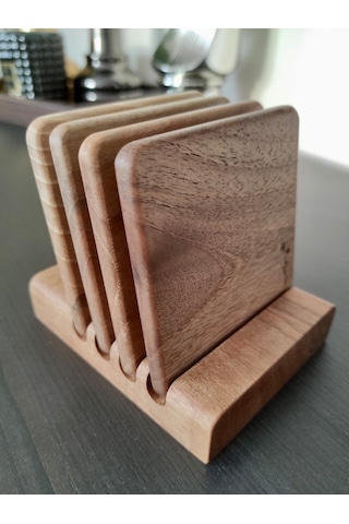 Gerçek Ceviz Ağacından El Yapımı Bardak Altlığı 4lü- Hand Made Walnut Coaster Ceviz 4'lü