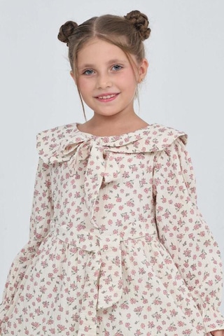Kız Çocuk Fiyonk Yakalı Bel Kuşaklı Çiçek Desenli Kloş Etekli Elbise 12301 Gülkurusu