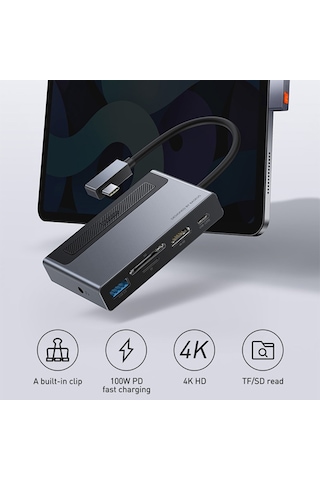 Baseus Magic Çok Fonksiyonlu Klipsli Type-C Hub 6In1 (Usb3.0+Sd+-Gri