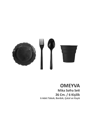 Omeyva Dayanıklı Mika Plastik Siyah Sorfa Piknik Seti - 6 Kişilik Tabak Bardak Çatal Kaşık Takımı