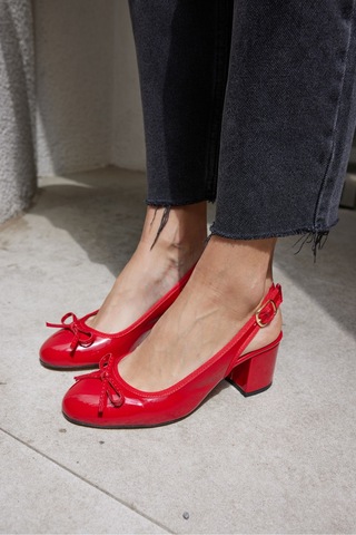 Dorado Kadın Nude Cilt Slingback Kalin Topuklu Ayakkabi Kırmızı