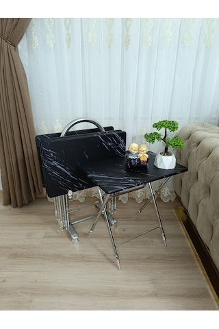 Çanta Zigon Sehpa,4'lü Sehpa, Zigon Sehpası, Mdf Mebran - Siyah M