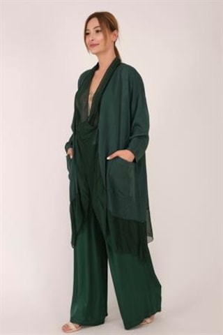 Bohem Stil Italyan Ipek Detaylı Oversize Kap Bluz- Wes Pantolon Takım-8789 Zümrüt Yeşili