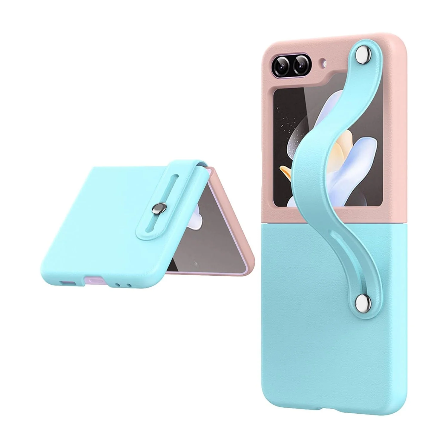 Microcase Samsung Galaxy Uyumlu Z Flip 6/ Z Flip 7 Fe Parmak Tutuculu Deri Desen Plastik Kılıf - Al3151 Turkuaz