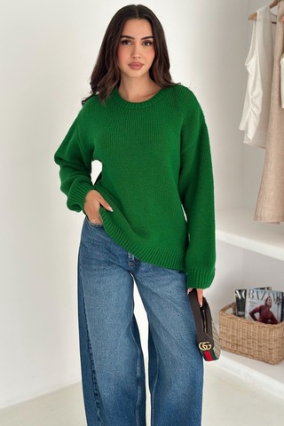Femelle Yeşil Kadın Oversize Basic Triko Kazak - Standart Beden