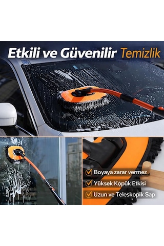 Coofbe Ayarlanabilir Teleskopik Mikrofiber Araç Yıkama Fırçası+yedek Bez Kuru Islak Oto Yıkama Fırçası 1 Adet