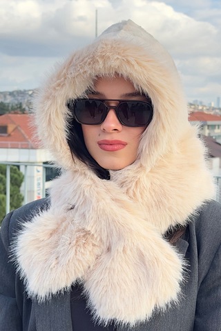 Mollycrush Kadın Bej Suni Kürk Eşarp Atkı Şapka Kışlık Sıcak Tutan Soft Peluş Model Bej