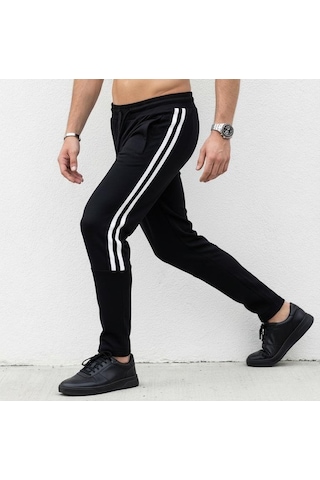 Plus Scorpion Erkek Slim Fit Pamuklu Eşofman Altı Yan Şerit Detaylı Günlük Siyah
