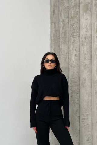 Neşeli Butik Kadın Siyah Fitilli Balıkçı Yaka Alt Üst Triko Takım Nbdm1215