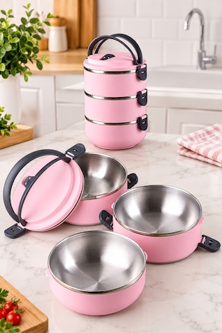 3 Katlı Yeni Nesil Sefer Tası Lunch Box Beslenme Kabı Paslanmaz Çelik 1800 Ml Pudra Pembe