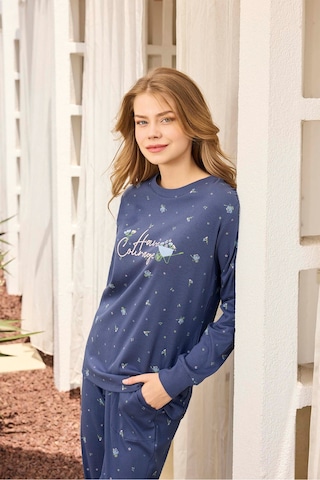 Aydoğan Kadın Lavin Ribana Manşetli Mavimsi Mor Koton Pijama Takım 0534 Mavi