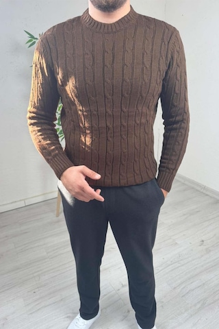 Explode - Erkek Kahve Örgülü Slim Fit Bisiklet Yaka Triko Kazak Kahverengi