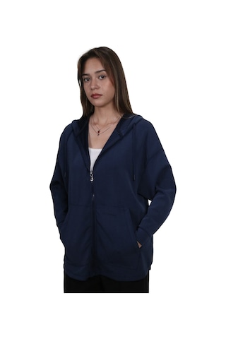 Kadın Modal Kumaş Yumuşak Dokulu Fermuarlı Rahat Kalıp Lacivert Kapüşonlu Ceket Hırka Lacivert