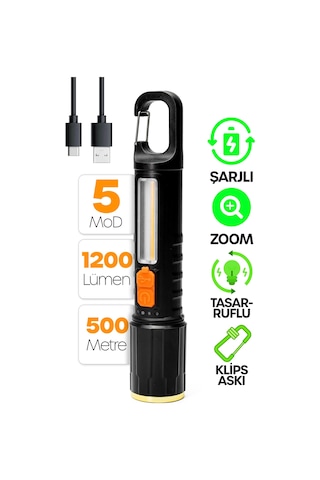 Şarjlı El Feneri 5 Mod Karabina Askılı Cob Led Kamp Lambası Acil Durum Işığı 7149 Siyah
