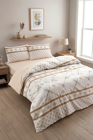 Formeya Premium Veluna Desenli Çift Kişilik Nevresim Takımı Lastikli Çarşaflı Nevresim Seti Bej
