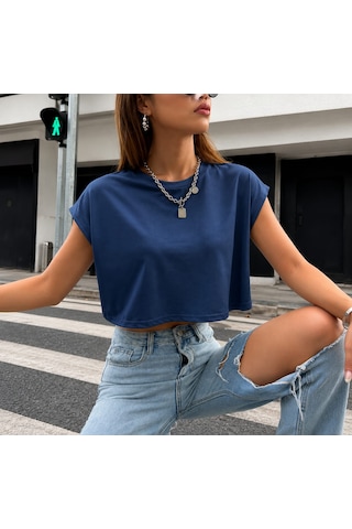 Bonnywıll Bonnywılll Bisiklet Yaka Düşük Kol Crop T-shırt Lacivert