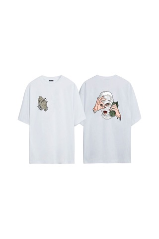 Thewert Unisex Mask Baskılı Beyaz Oversize Tshirt